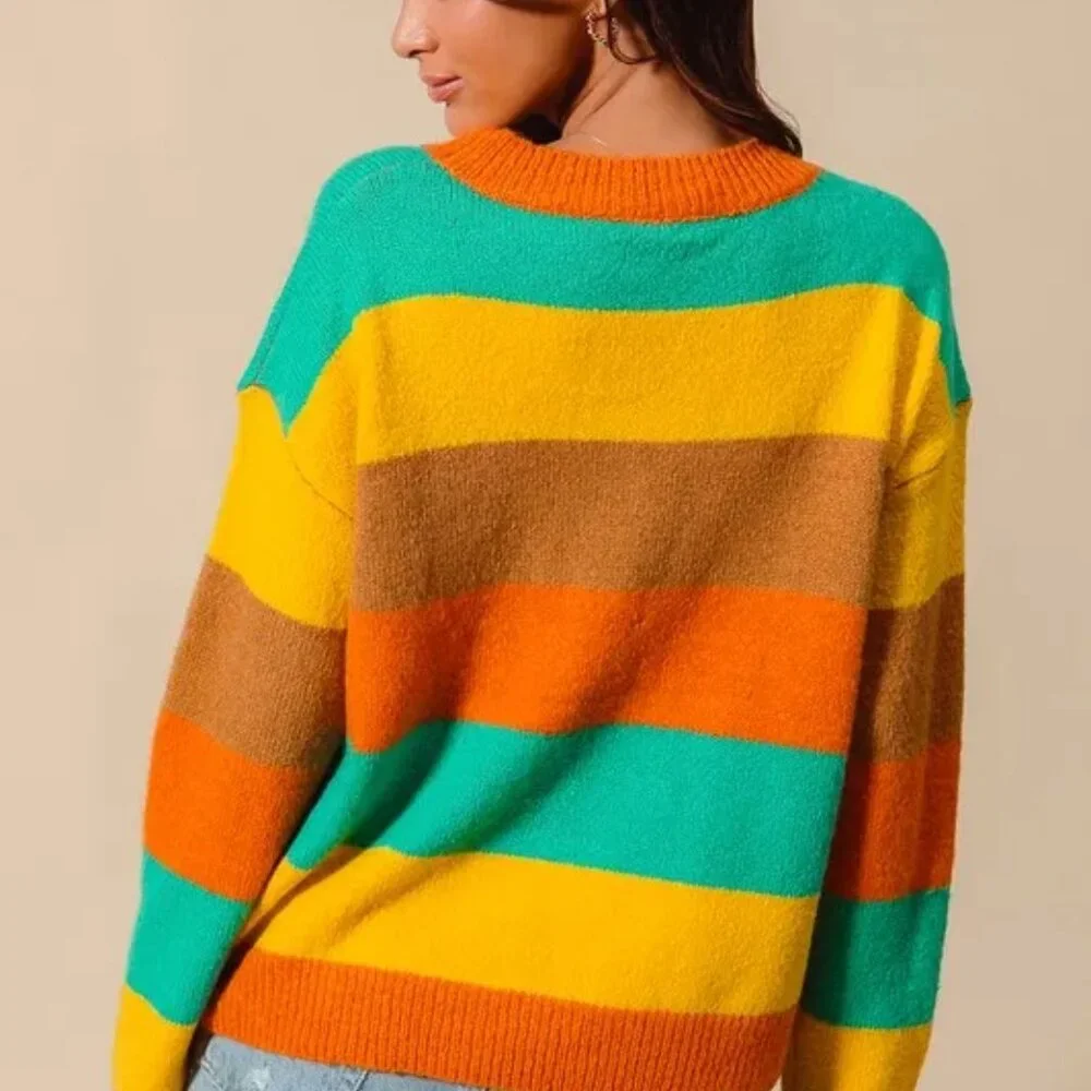 SO ME Multi‎ Color Stripe Sweater with Ribbed Detail